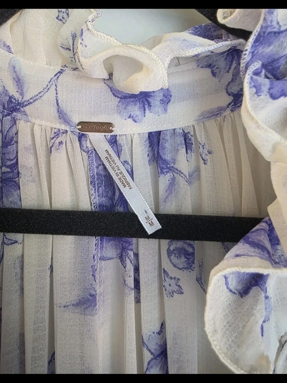 Free People Cream Blouse with Blue Floral Ruffle V-Neck